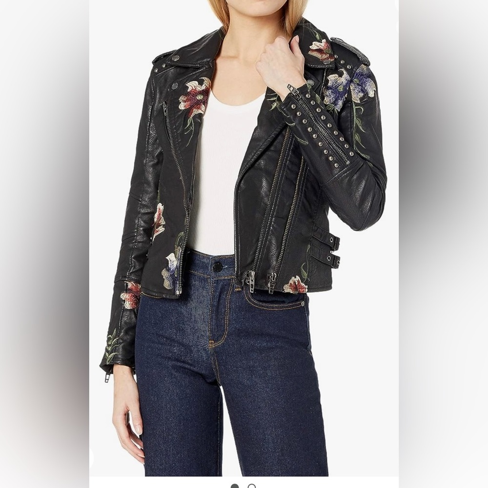 BlankNYC Vegan Leather Floral Embroidered Semi-Fitted Motorcycle Jacket, Black,M